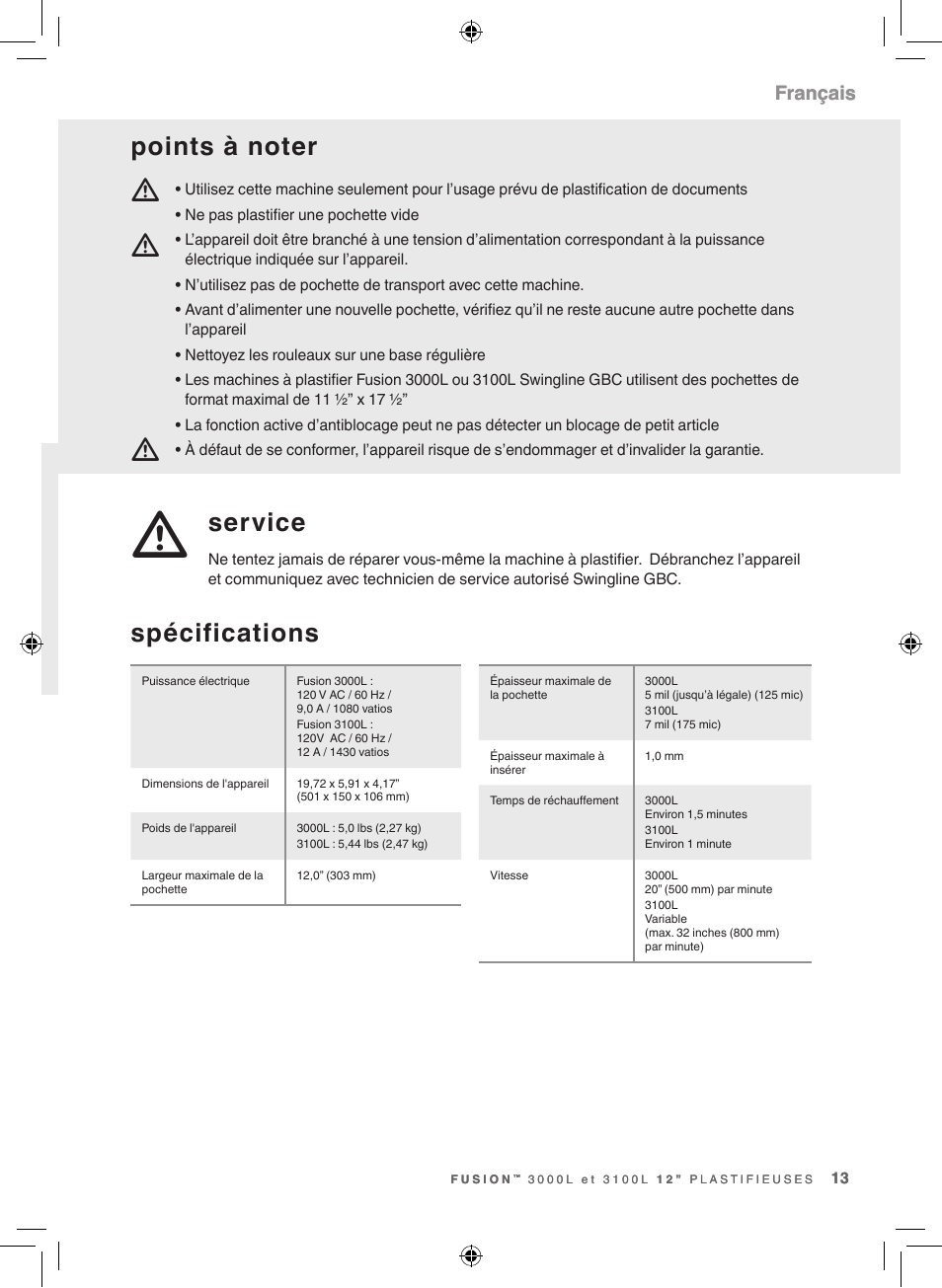 Mm m, Spécifications, Service | Français | GBC 3100L Fusion Swingline User Manual | Page 13 / 28