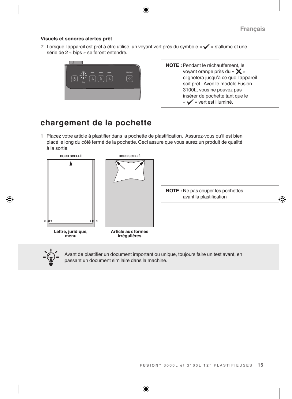 Chargement de la pochette, Français | GBC 3100L Fusion Swingline User Manual | Page 15 / 28
