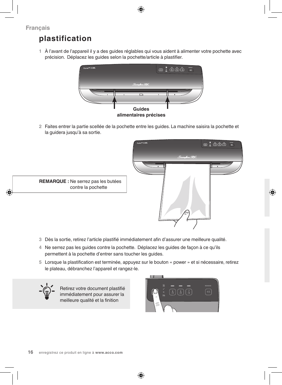 Plastification, Français | GBC 3100L Fusion Swingline User Manual | Page 16 / 28