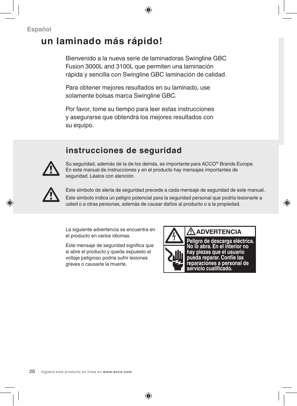 Un laminado más rápido, Instrucciones de seguridad | GBC 3100L Fusion Swingline User Manual | Page 20 / 28