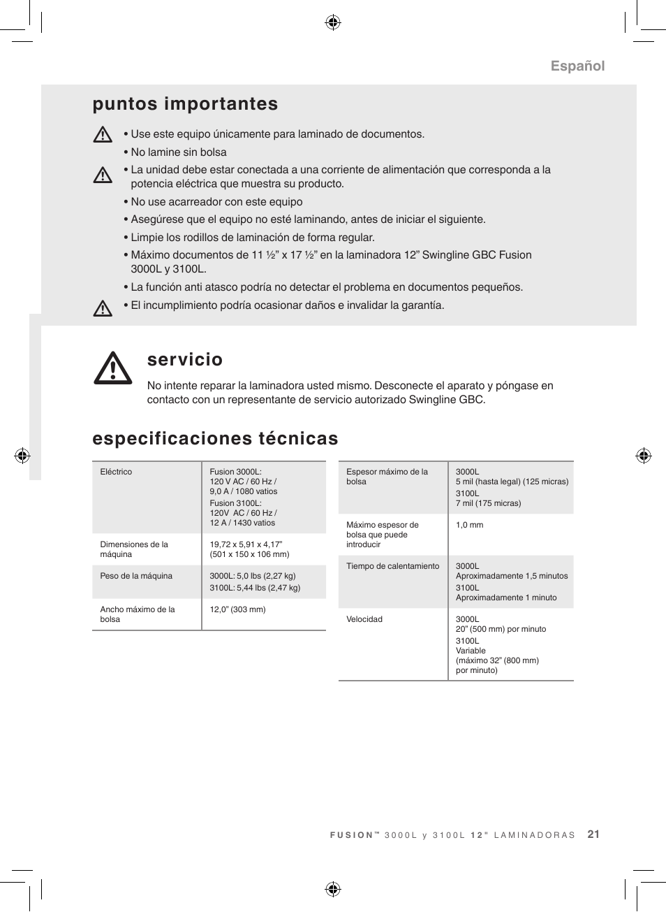 Especificaciones técnicas, Servicio, Puntos importantes | Español | GBC 3100L Fusion Swingline User Manual | Page 21 / 28