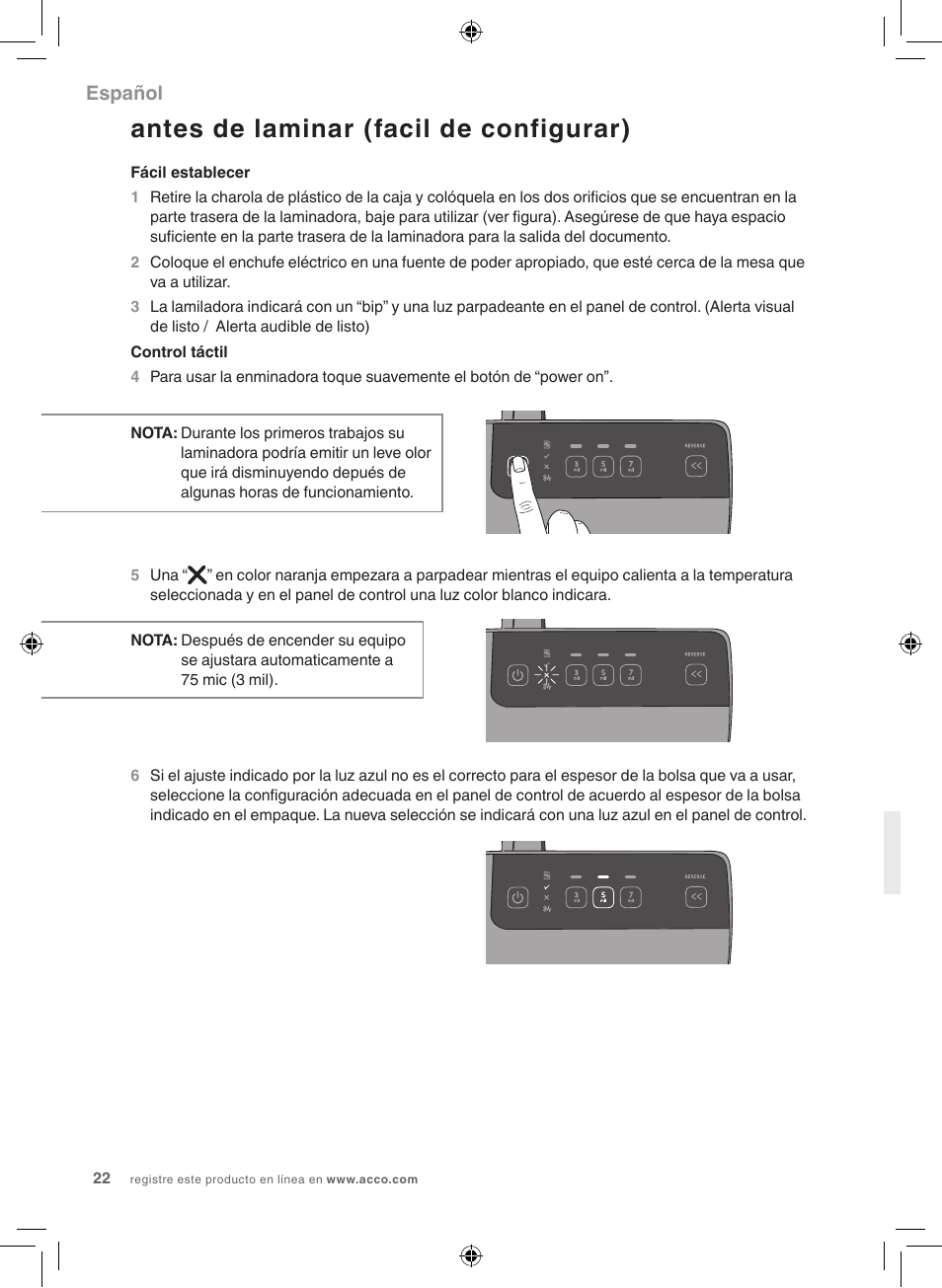 Antes de laminar (facil de configurar), Español | GBC 3100L Fusion Swingline User Manual | Page 22 / 28