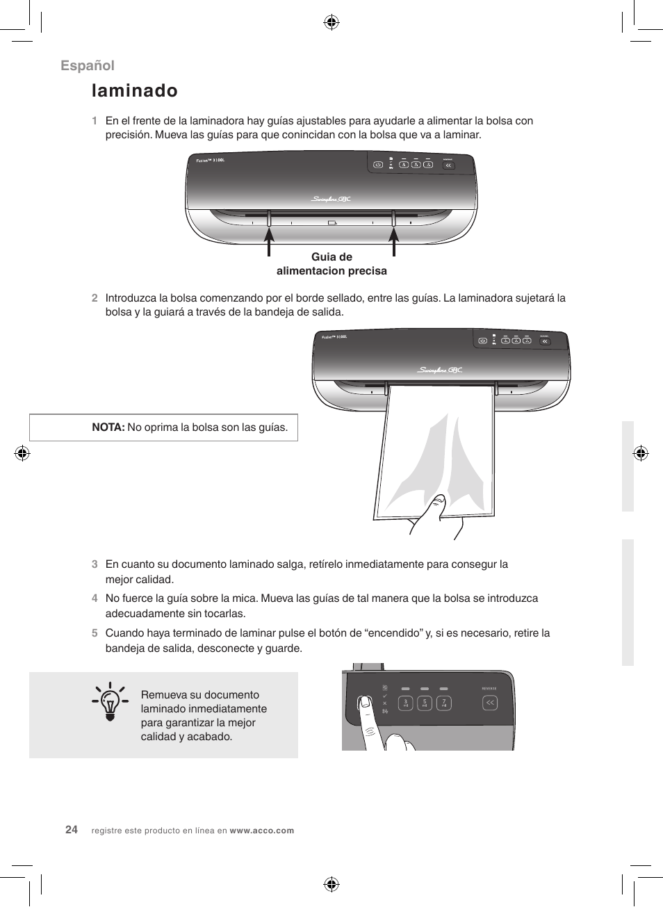 Laminado, Español | GBC 3100L Fusion Swingline User Manual | Page 24 / 28