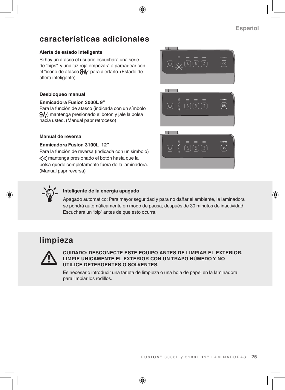 Características adicionales, Limpieza | GBC 3100L Fusion Swingline User Manual | Page 25 / 28