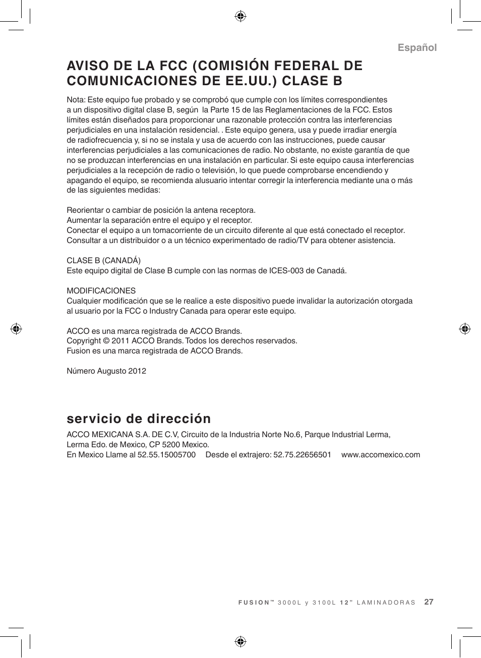 Servicio de dirección, Español | GBC 3100L Fusion Swingline User Manual | Page 27 / 28