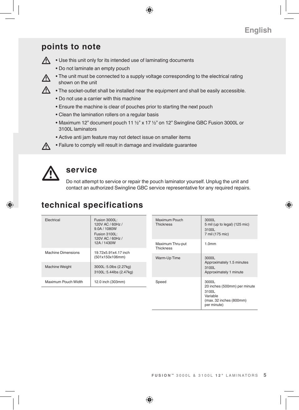 Mm m m, Service, English | GBC 3100L Fusion Swingline User Manual | Page 5 / 28
