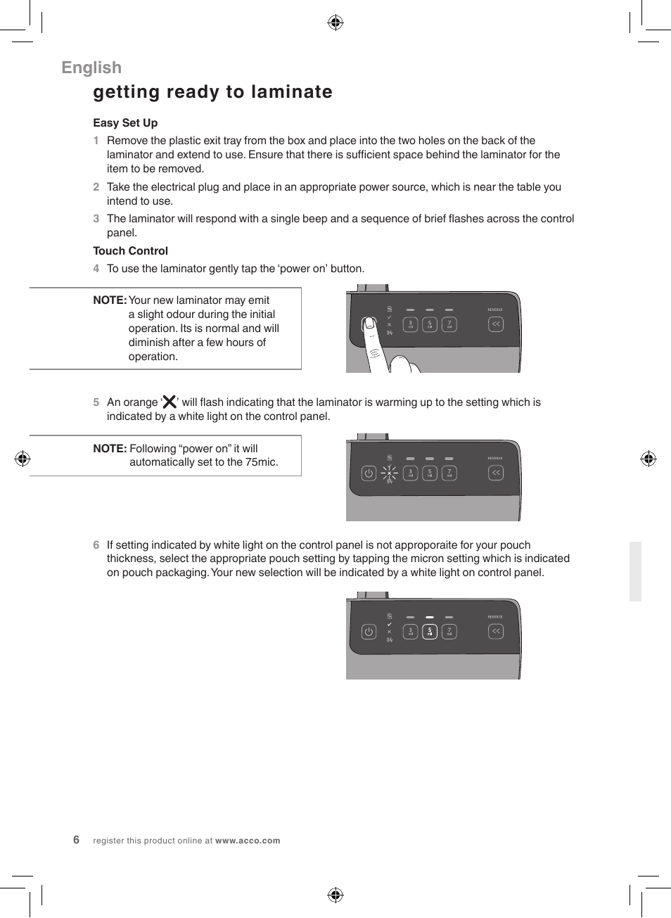 Getting ready to laminate, English | GBC 3100L Fusion Swingline User Manual | Page 6 / 28