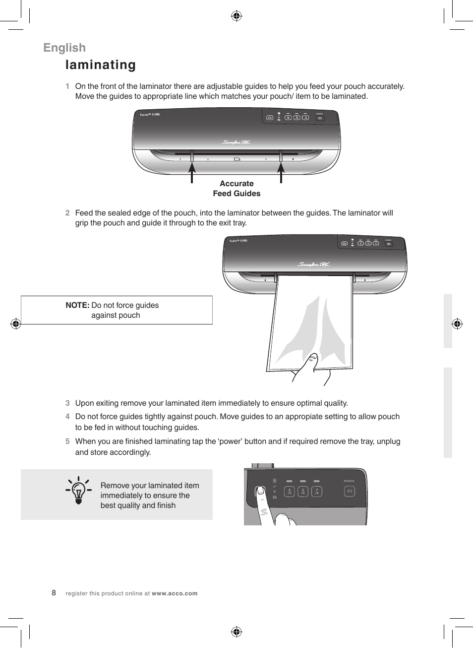 Laminating, English | GBC 3100L Fusion Swingline User Manual | Page 8 / 28