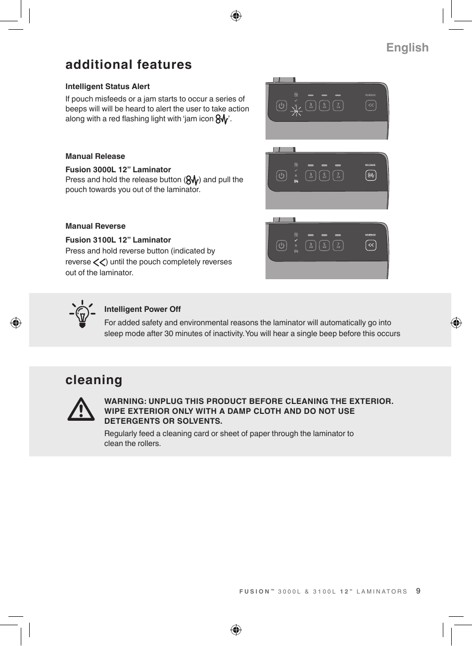 Cleaning, Additional features, English | GBC 3100L Fusion Swingline User Manual | Page 9 / 28