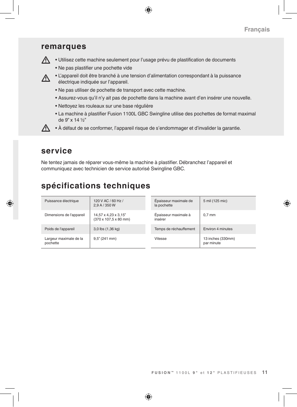 Spécifications techniques, Remarques, Service | Français | GBC 1100L Fusion Swingline User Manual | Page 11 / 24