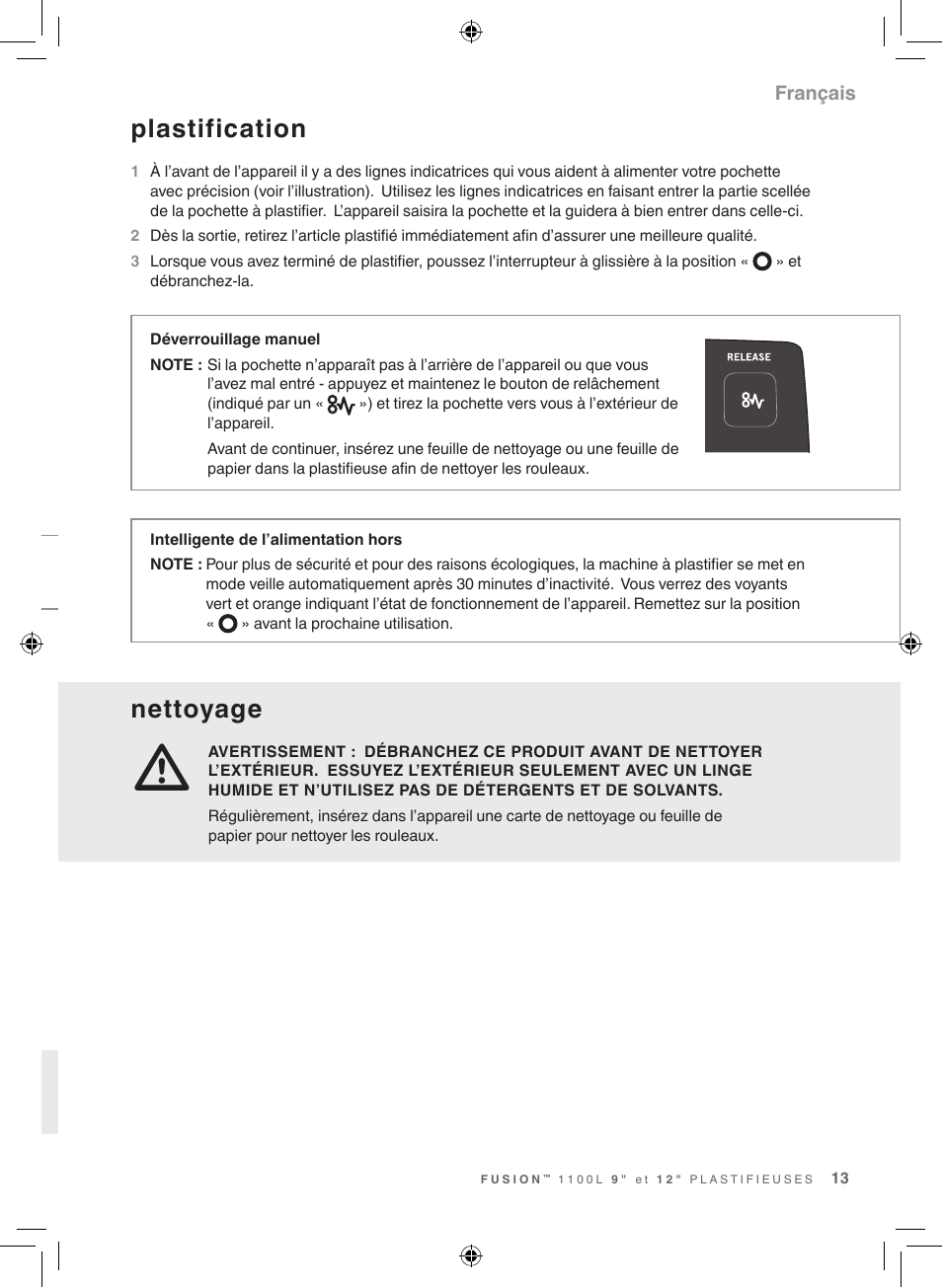 Plastification, Nettoyage | GBC 1100L Fusion Swingline User Manual | Page 13 / 24