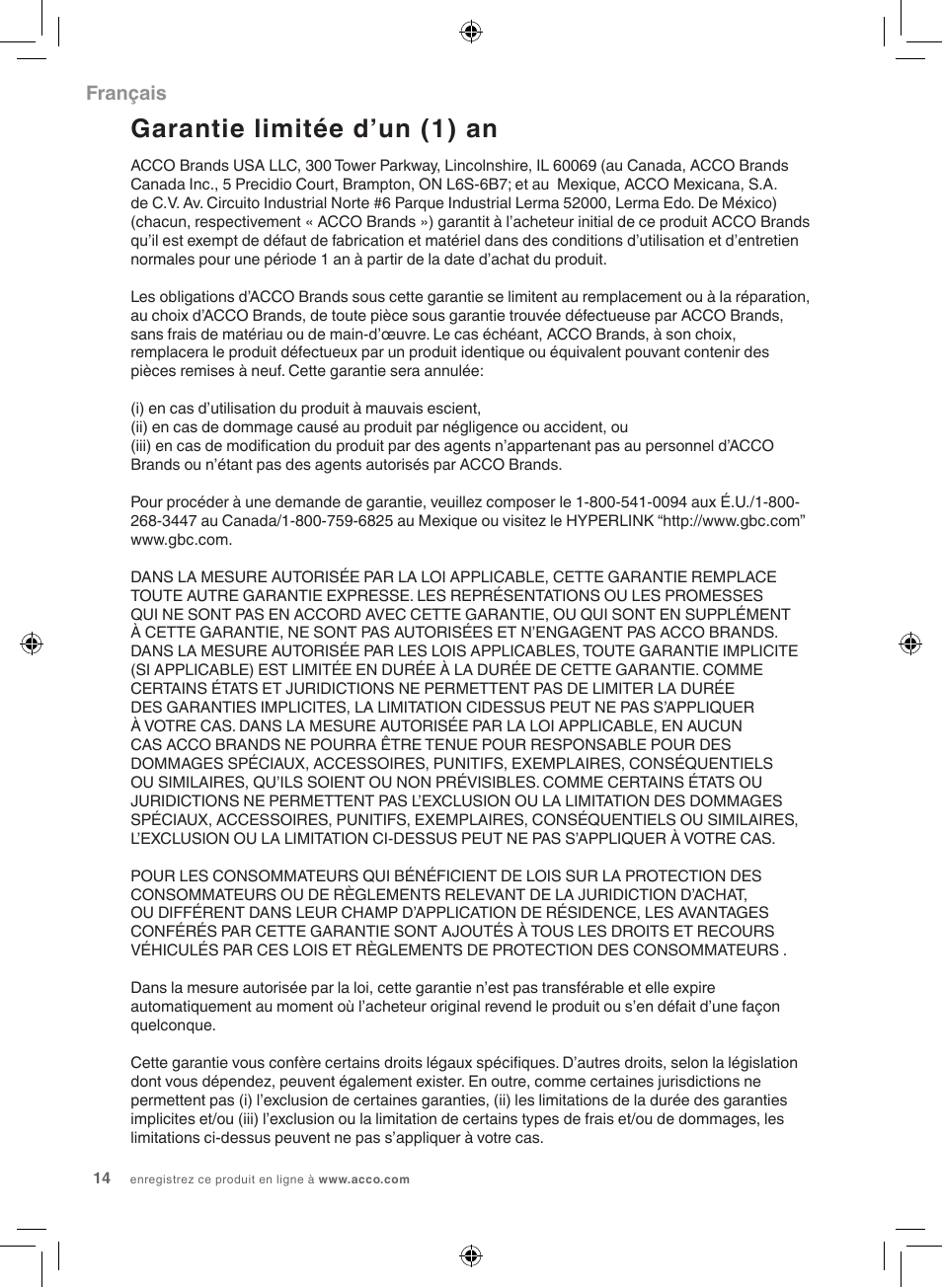 Garantie limitée d’un (1) an, Français | GBC 1100L Fusion Swingline User Manual | Page 14 / 24