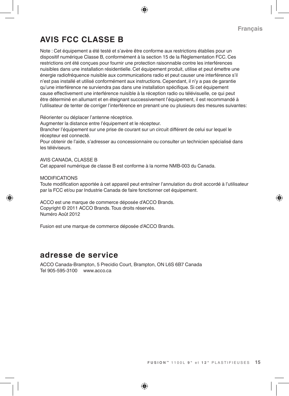 Avis fcc classe b, Adresse de service, Français | GBC 1100L Fusion Swingline User Manual | Page 15 / 24