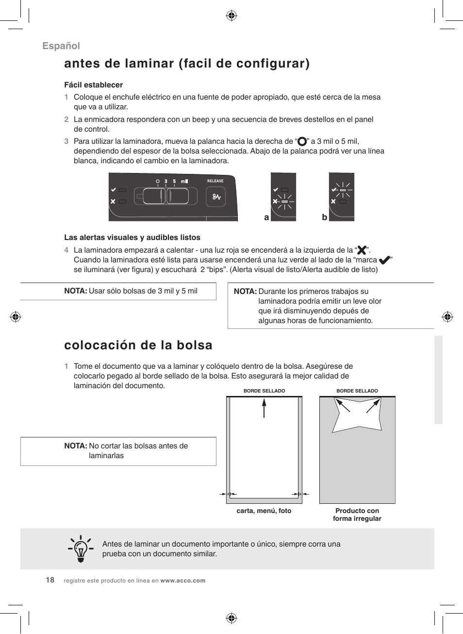 Antes de laminar (facil de configurar), Colocación de la bolsa, Español | GBC 1100L Fusion Swingline User Manual | Page 18 / 24