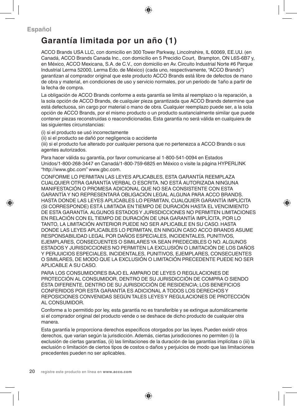 Garantía limitada por un año (1), Español | GBC 1100L Fusion Swingline User Manual | Page 20 / 24