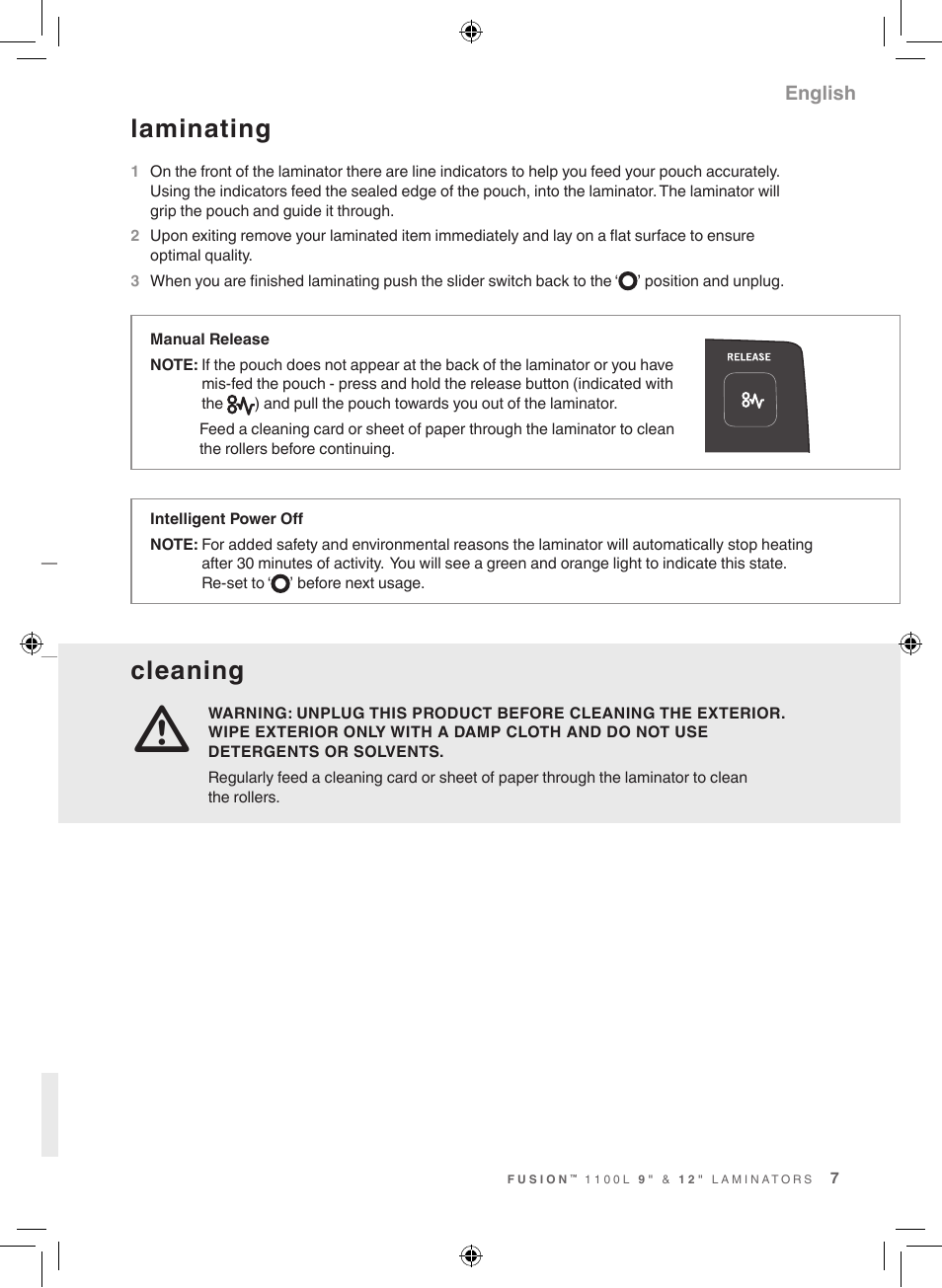 Laminating, Cleaning | GBC 1100L Fusion Swingline User Manual | Page 7 / 24