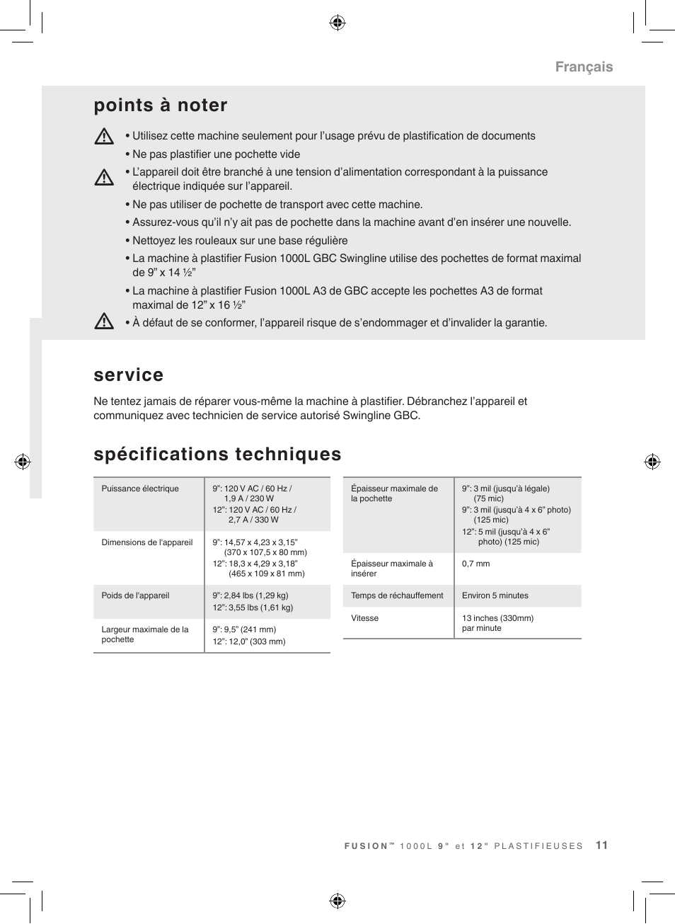 Service, Spécifications techniques, Français | GBC 1000L Fusion Swingline User Manual | Page 11 / 24