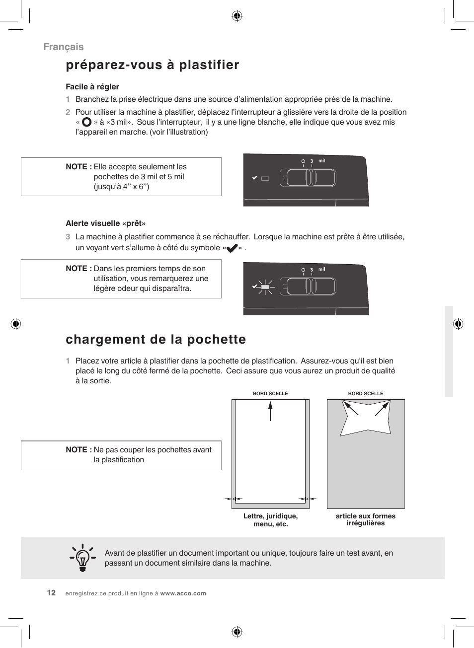 Préparez-vous à plastifier, Chargement de la pochette, Français | GBC 1000L Fusion Swingline User Manual | Page 12 / 24