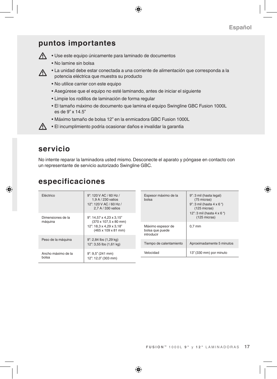 Servicio, Puntos importantes, Especificaciones | Español | GBC 1000L Fusion Swingline User Manual | Page 17 / 24