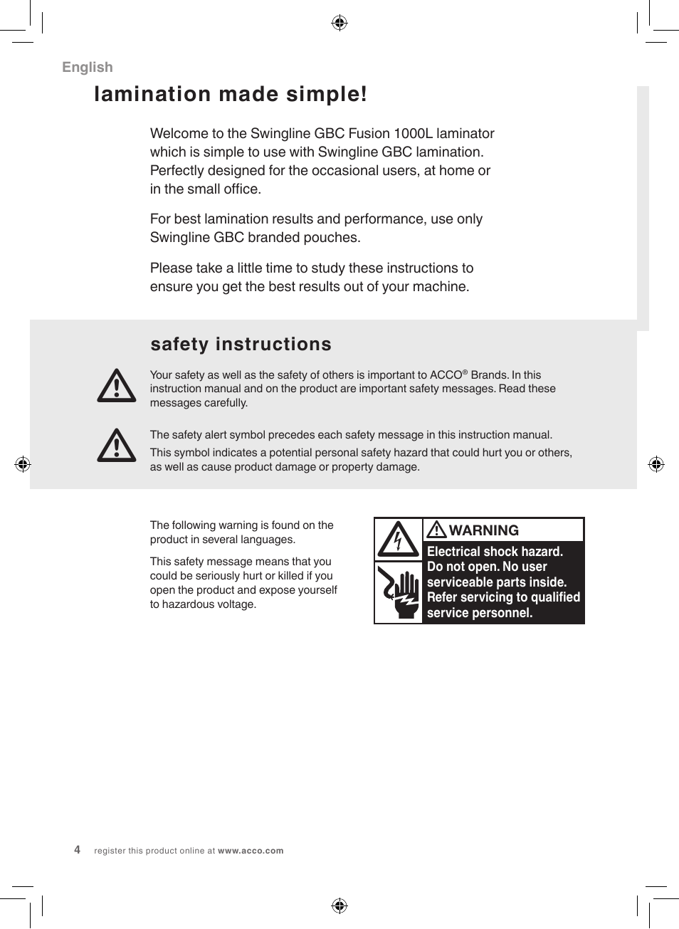 Lamination made simple, Safety instructions | GBC 1000L Fusion Swingline User Manual | Page 4 / 24