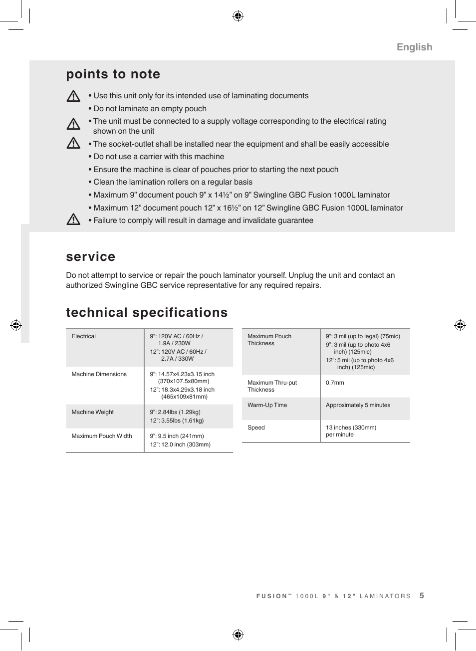 Mm m m, Technical specifications, Service | English | GBC 1000L Fusion Swingline User Manual | Page 5 / 24