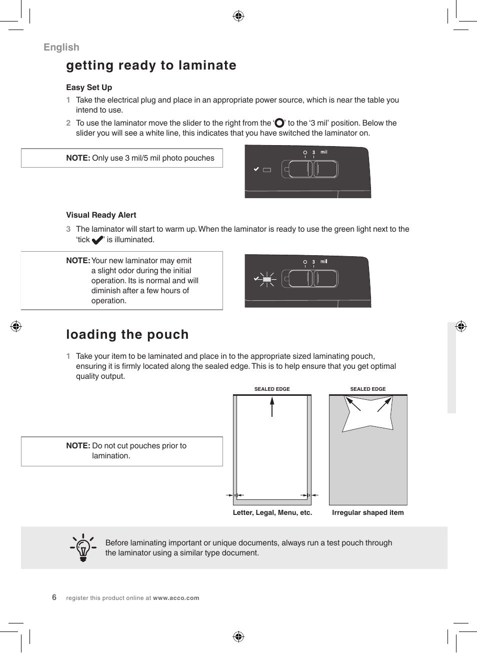 Getting ready to laminate, Loading the pouch, English | GBC 1000L Fusion Swingline User Manual | Page 6 / 24