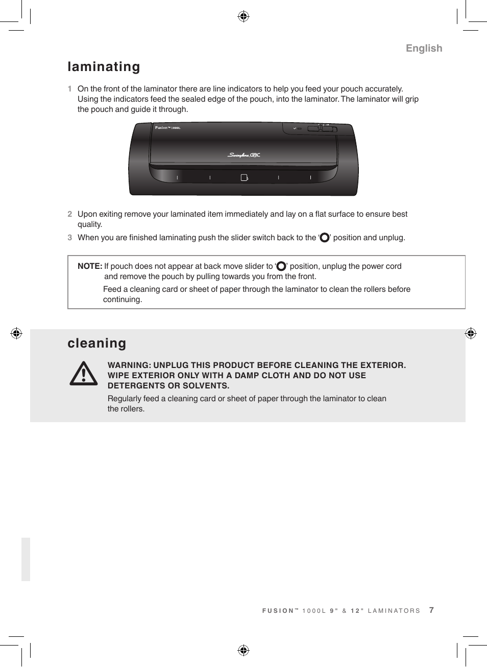 Cleaning, Laminating | GBC 1000L Fusion Swingline User Manual | Page 7 / 24