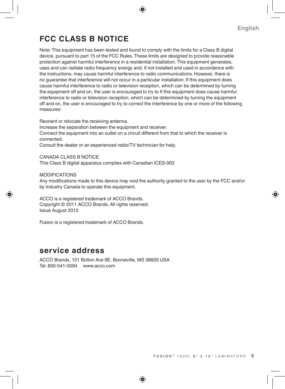 Fcc class b notice, Service address, English | GBC 1000L Fusion Swingline User Manual | Page 9 / 24
