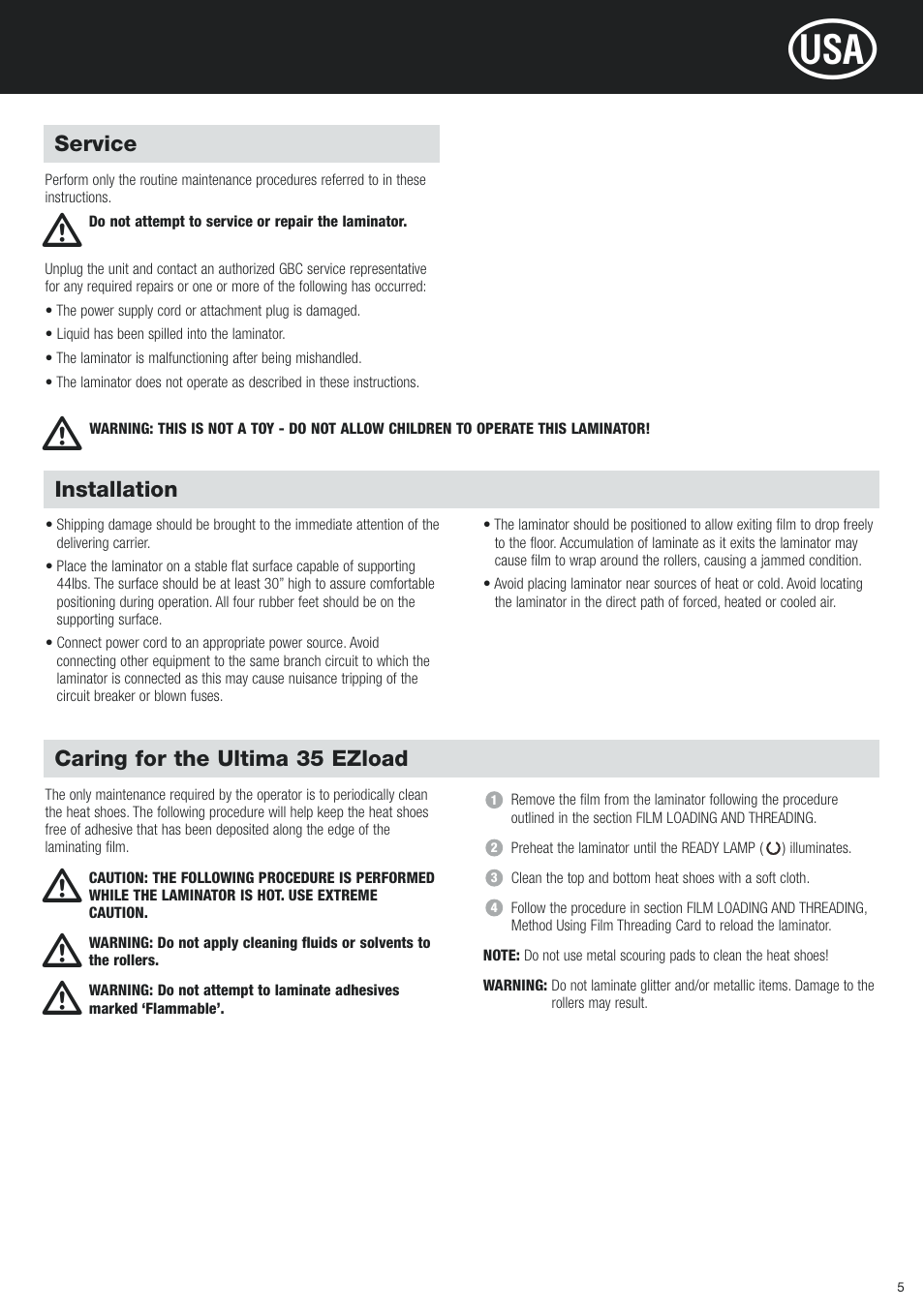 Ƽ ƽ ƽ | GBC 35 Ultima EZload Roll Laminator User Manual | Page 5 / 10