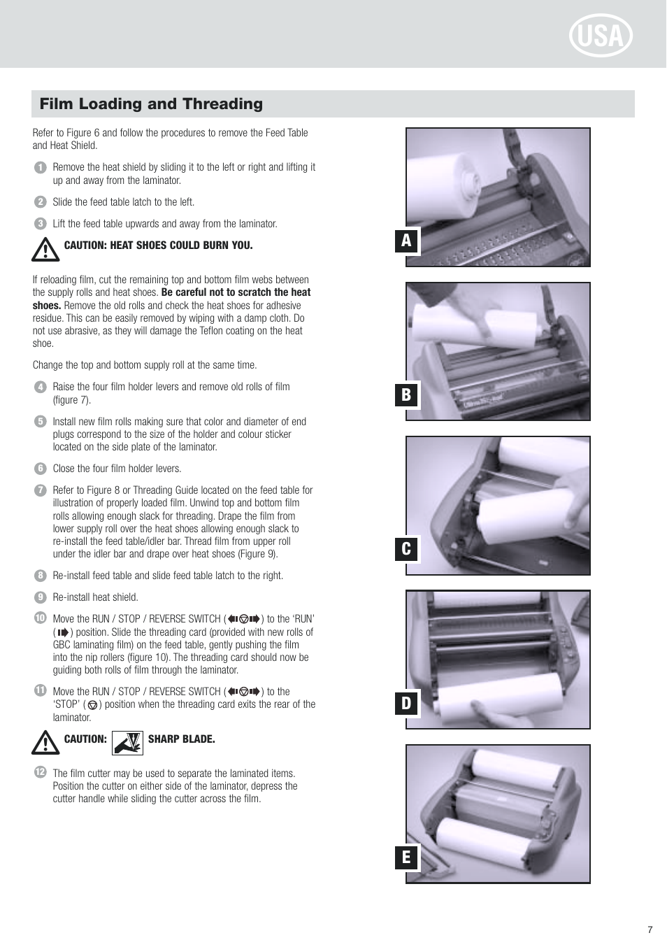 Ab c d e, Film loading and threading | GBC 35 Ultima EZload Roll Laminator User Manual | Page 7 / 10