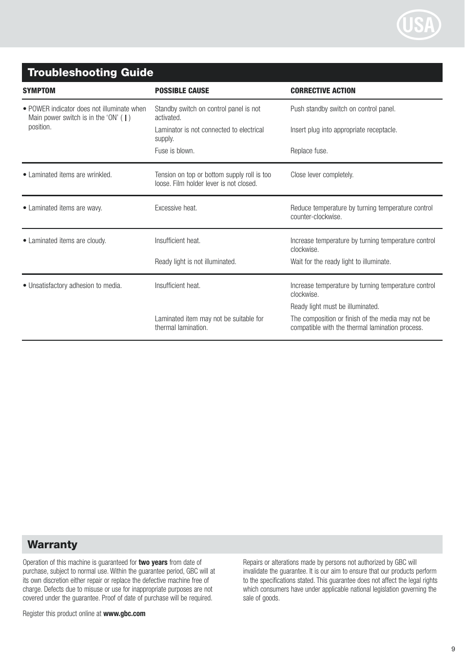 Troubleshooting guide, Warranty | GBC 35 Ultima EZload Roll Laminator User Manual | Page 9 / 10