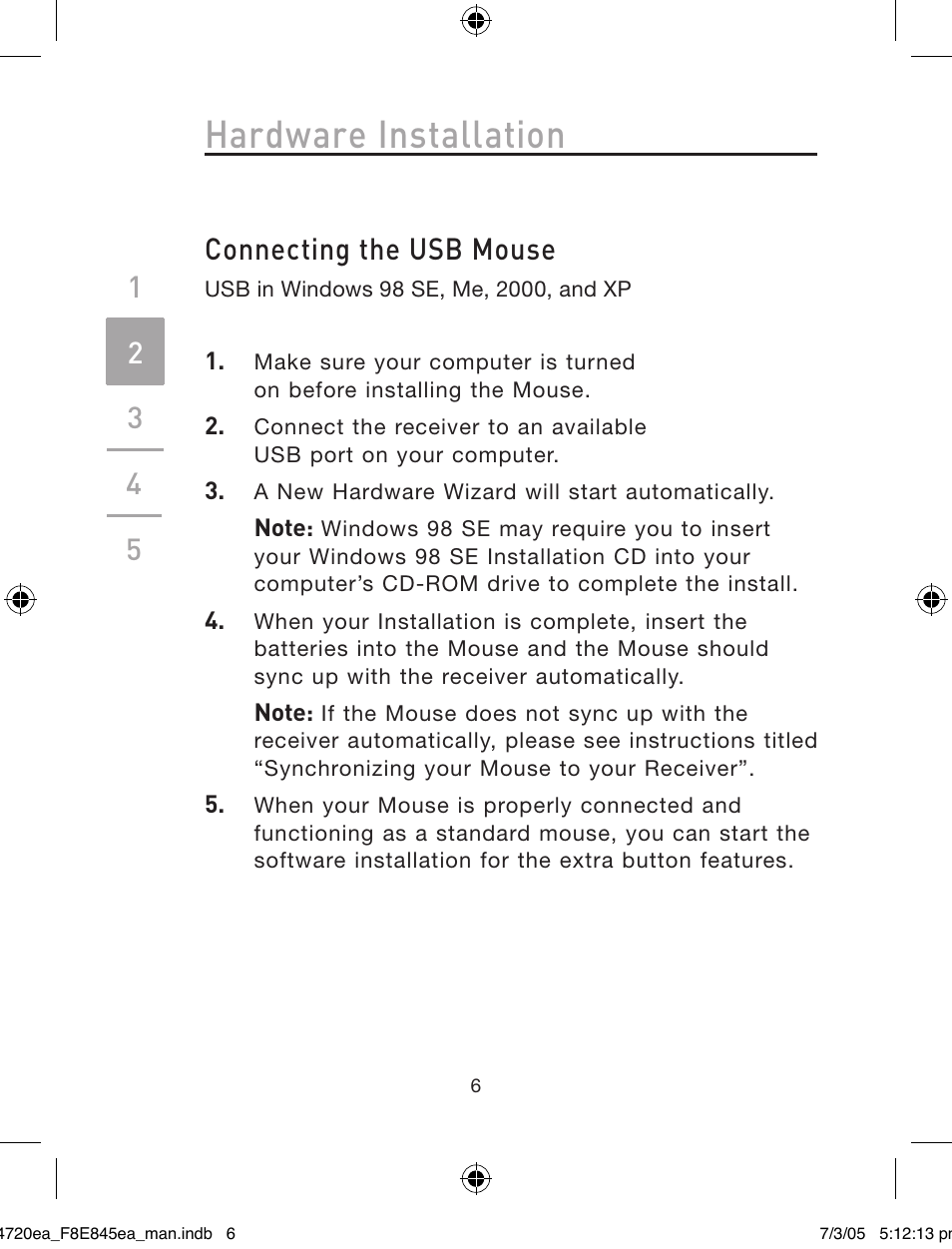 Hardware installation, Connecting the usb mouse | Belkin F8E845ea User Manual | Page 10 / 100