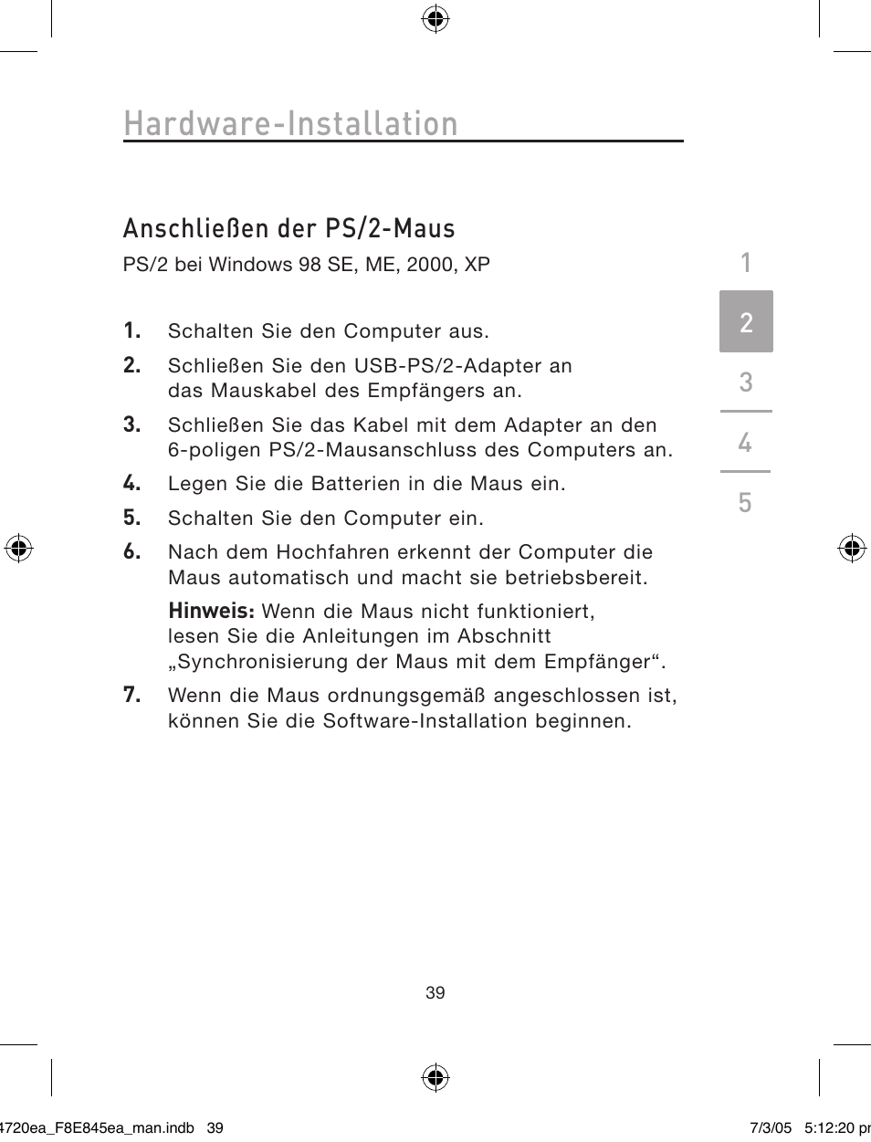 Hardware-installation, Anschließen der ps/2-maus | Belkin F8E845ea User Manual | Page 43 / 100