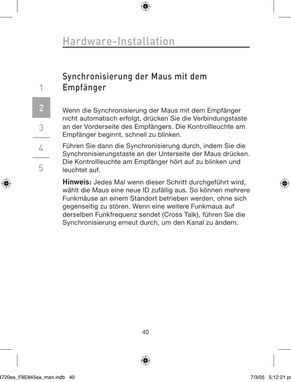 Hardware-installation, Synchronisierung der maus mit dem empfänger | Belkin F8E845ea User Manual | Page 44 / 100