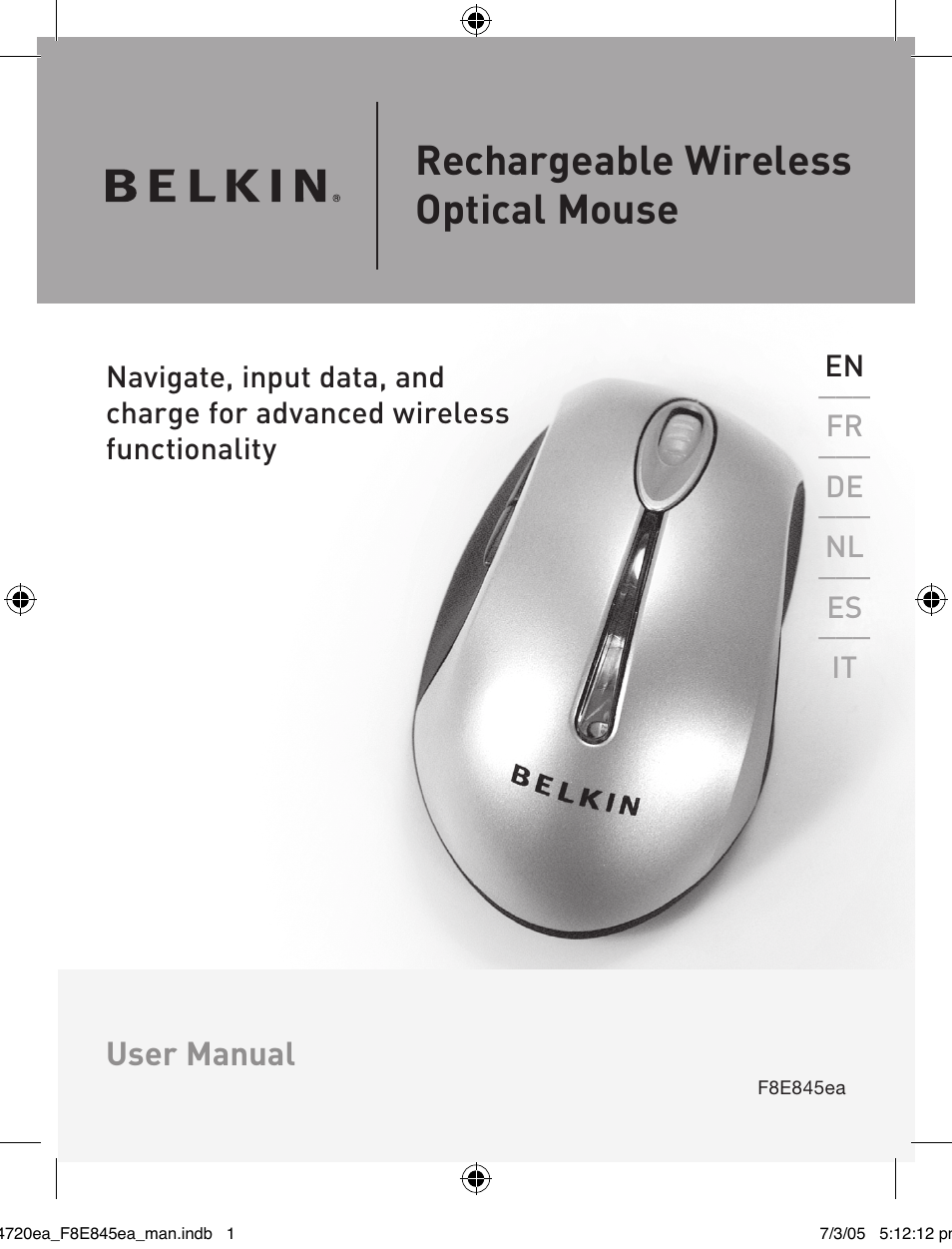 Rechargeable wireless optical mouse | Belkin F8E845ea User Manual | Page 5 / 100