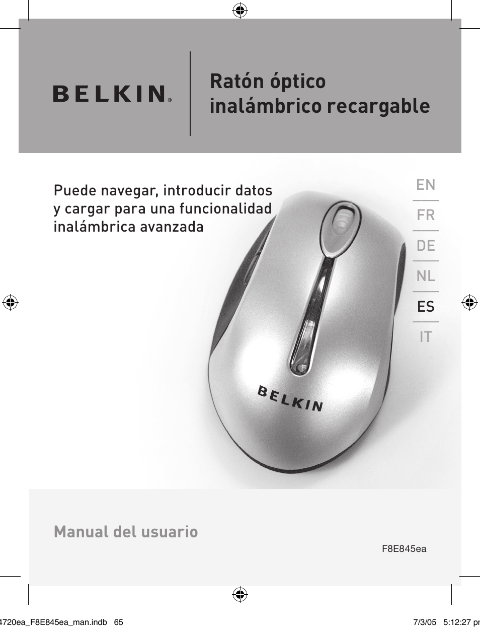 Ratón óptico inalámbrico recargable | Belkin F8E845ea User Manual | Page 69 / 100