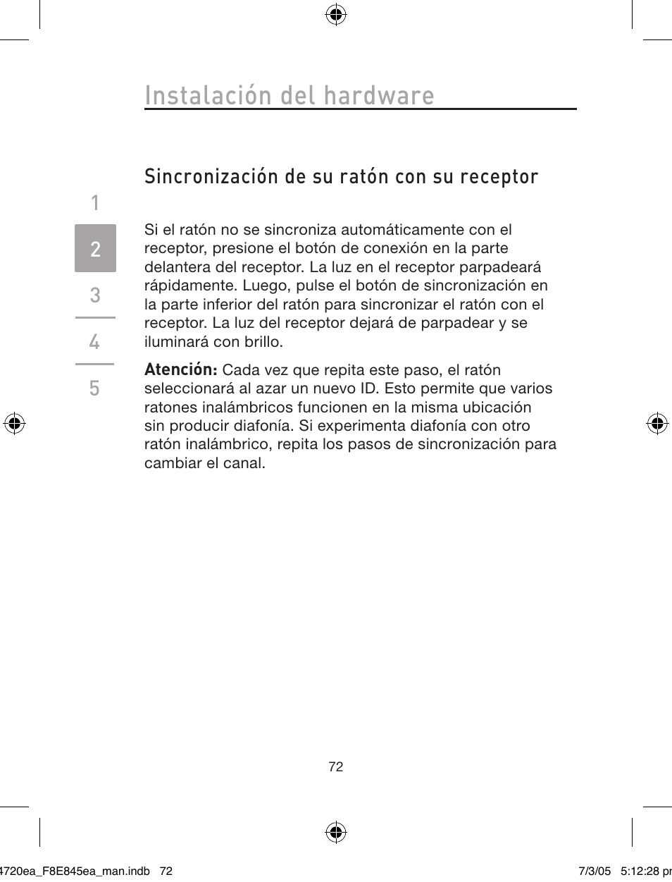 Instalación del hardware, Sincronización de su ratón con su receptor | Belkin F8E845ea User Manual | Page 76 / 100