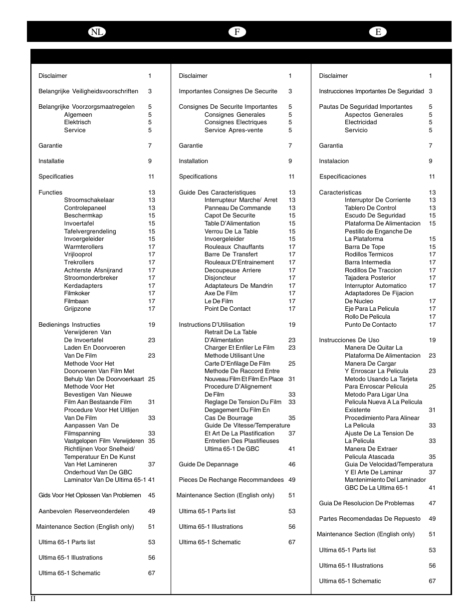 Nl f e | GBC 65-1 Ultima User Manual | Page 3 / 75