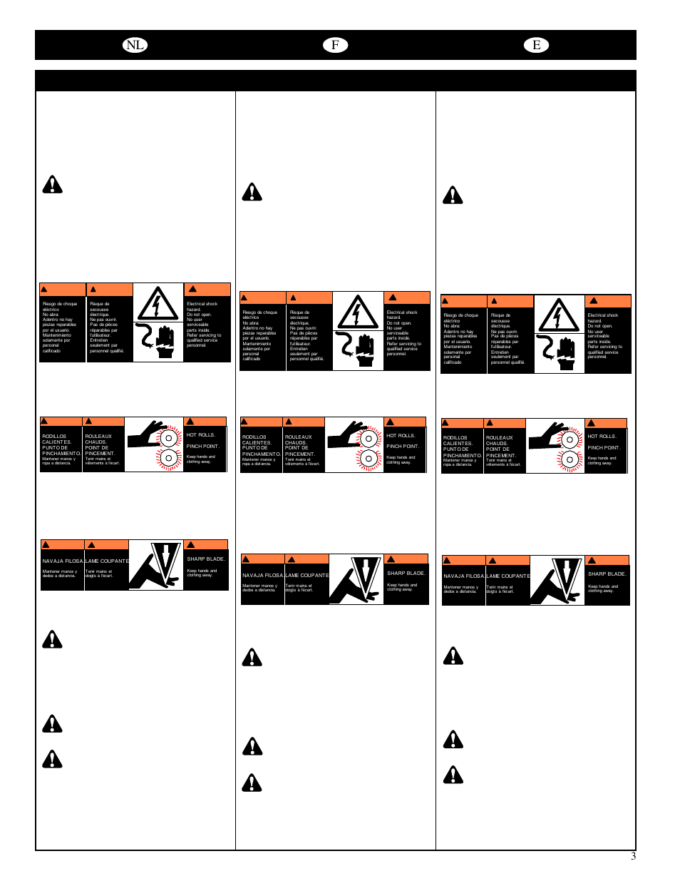 Nl f e, Belangrijke veiligheidsvoorschriften, Instrucciones importantes de seguridad | Importantes consignes de sécurité | GBC 65-1 Ultima User Manual | Page 6 / 75