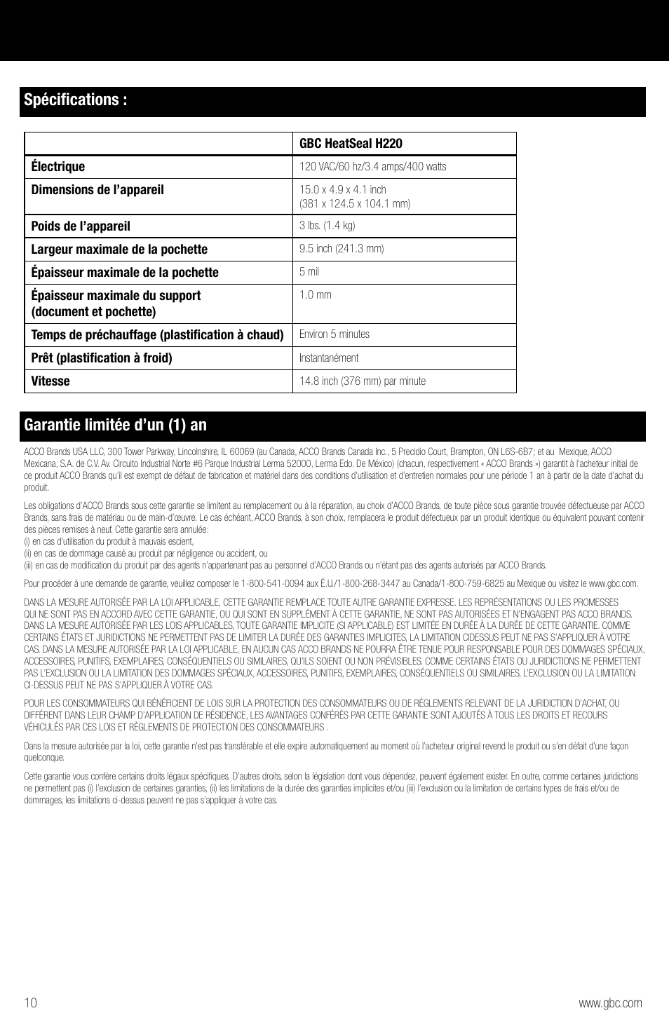 Spécifications, Garantie limitée d’un (1) an | GBC H220 User Manual | Page 10 / 16