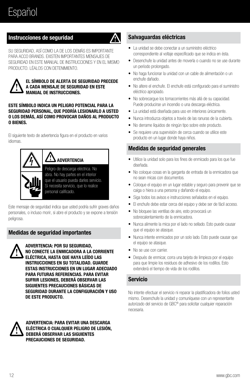 Español | GBC H220 User Manual | Page 12 / 16