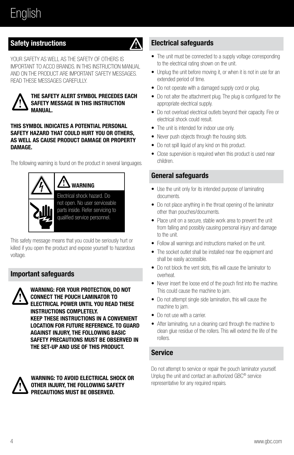 English, Safety instructions, Important safeguards | Electrical safeguards, General safeguards, Service | GBC H220 User Manual | Page 4 / 16