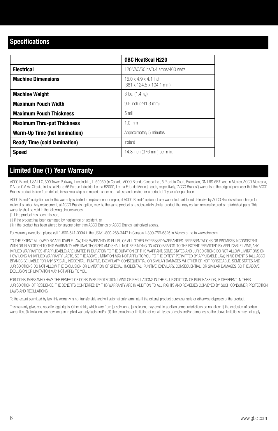 Specifications, Limited one (1) year warranty | GBC H220 User Manual | Page 6 / 16