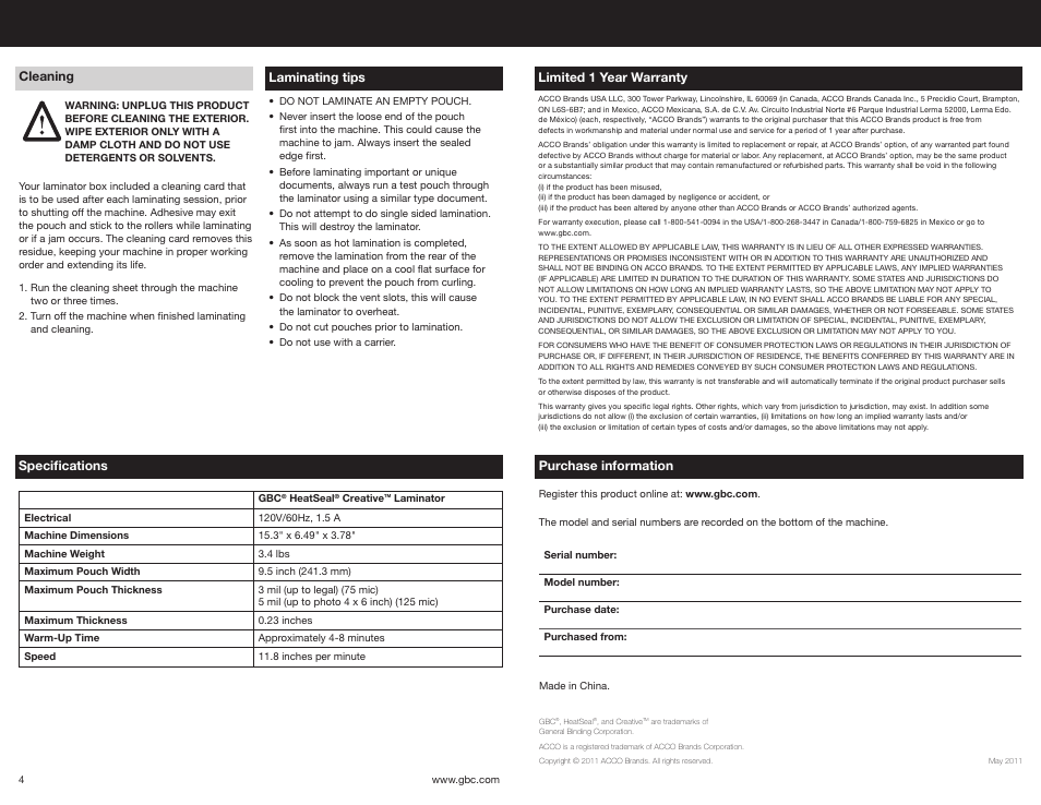 Purchase information, Specifications, Limited 1 year warranty | Cleaning, Laminating tips | GBC HeatSeal Creative Laminator User Manual | Page 3 / 7