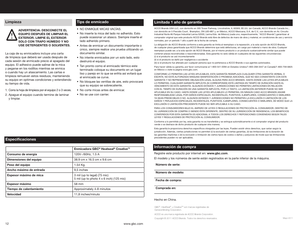 Información de compra, Especificaciones, Limitada 1 año de garantía | Tips de enmicado, Limpieza | GBC HeatSeal Creative Laminator User Manual | Page 7 / 7