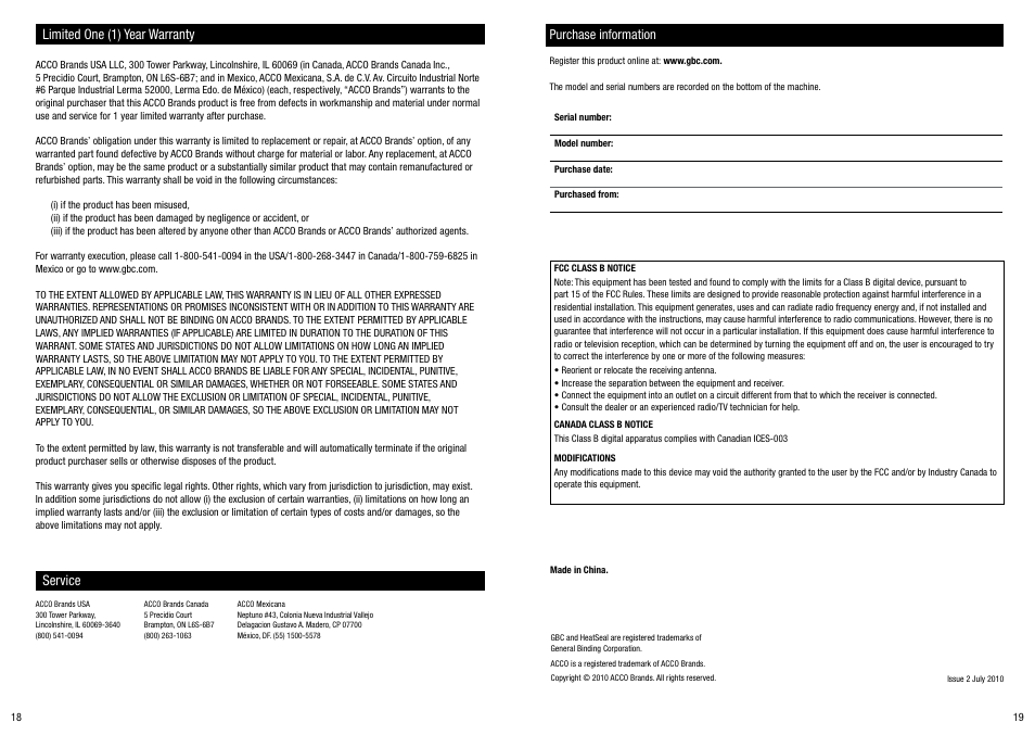 Service limited one (1) year warranty | GBC H925 User Manual | Page 10 / 27