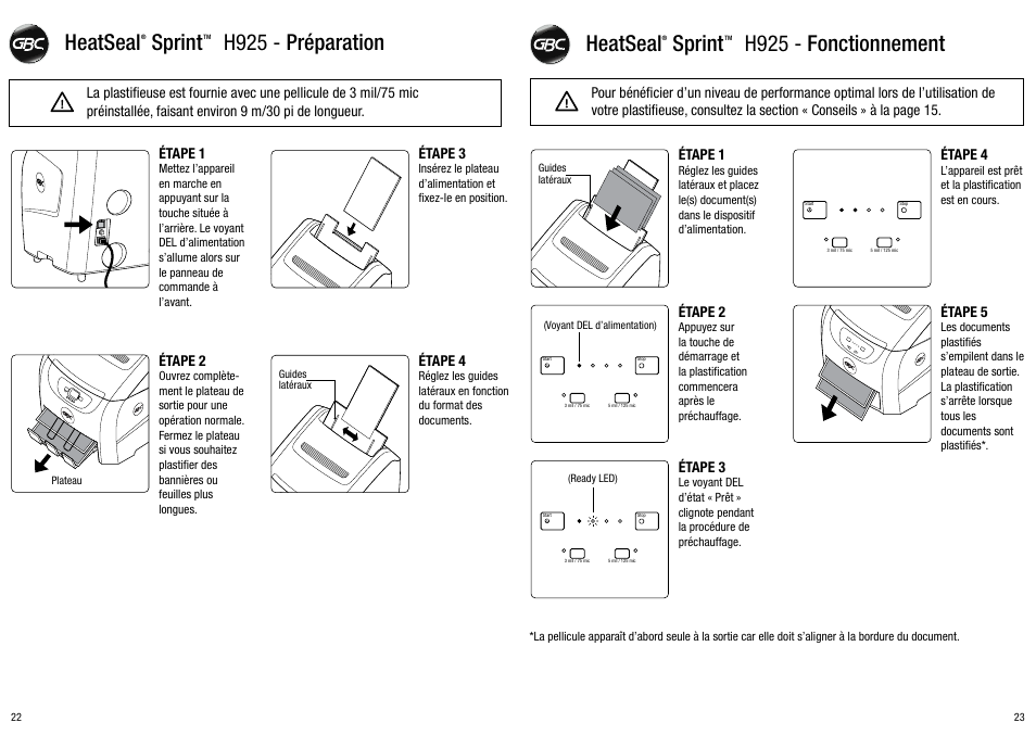 Heatseal sprint h925 - préparation, Heatseal sprint h925 - fonctionnement | GBC H925 User Manual | Page 12 / 27
