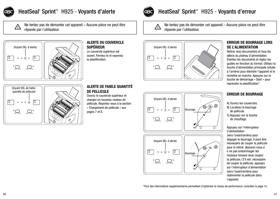 Heatseal sprint h925 - voyants d’alerte, Heatseal sprint h925 - voyants d’erreur, Alerte du couvercle supérieur | Erreur de bourrage lors de l’alimentation | GBC H925 User Manual | Page 14 / 27