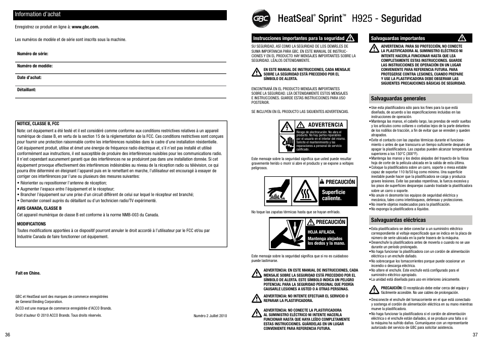 Heatseal sprint h925 - seguridad, Information d’achat | GBC H925 User Manual | Page 19 / 27
