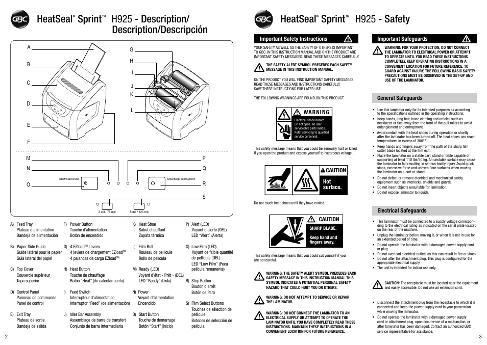 Heatseal sprint h925 - safety | GBC H925 User Manual | Page 2 / 27